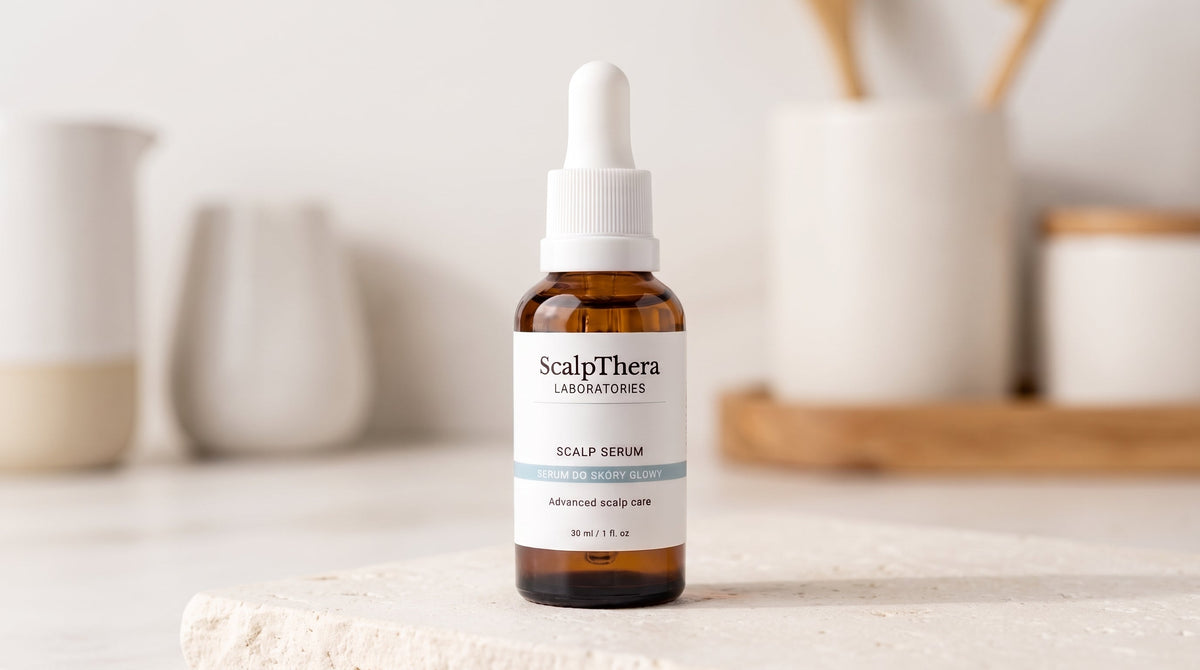 Butelka serum ScalpThera w jasnej łazience – pielęgnacja skóry głowy