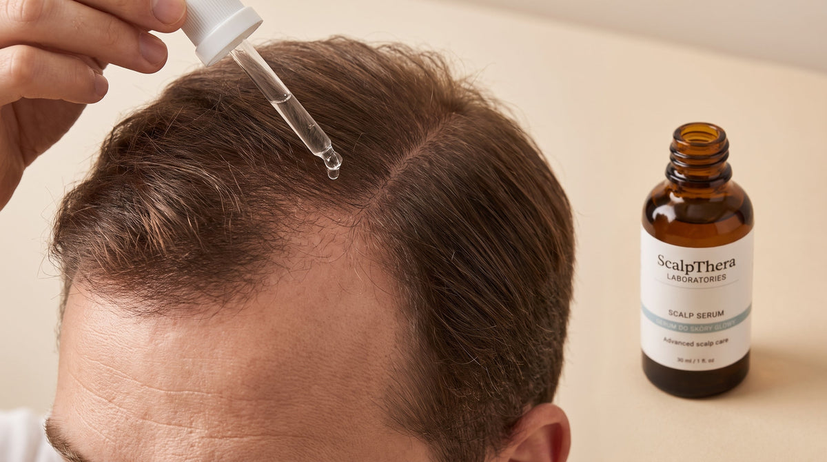 Mężczyzna nakłada serum ScalpThera pipetą na skórę głowy przy przerzedzających się włosach