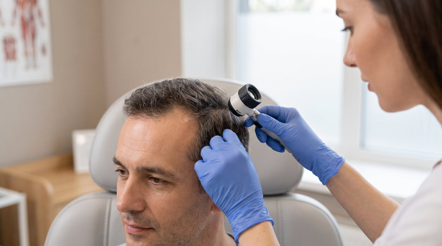 Dermatolog badający skórę głowy mężczyzny za pomocą dermatoskopu
