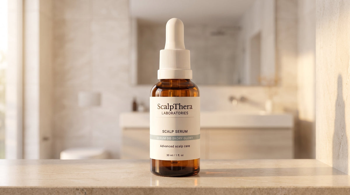 Butelka serum ScalpThera w jasnej łazience – codzienna pielęgnacja skóry głowy