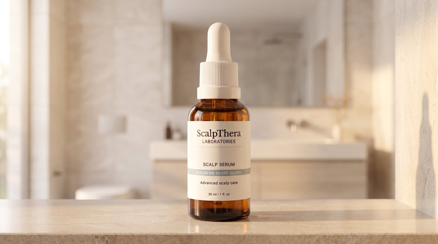 Butelka serum ScalpThera w jasnej łazience – codzienna pielęgnacja skóry głowy