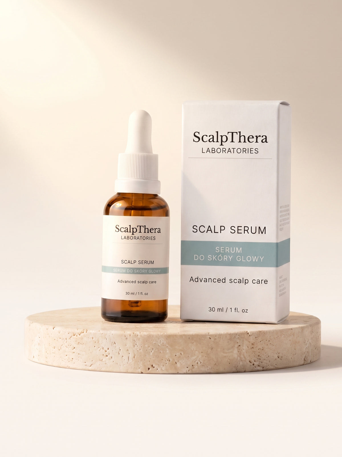 ScalpThera serum i opakowanie do codziennej pielęgnacji skóry głowy